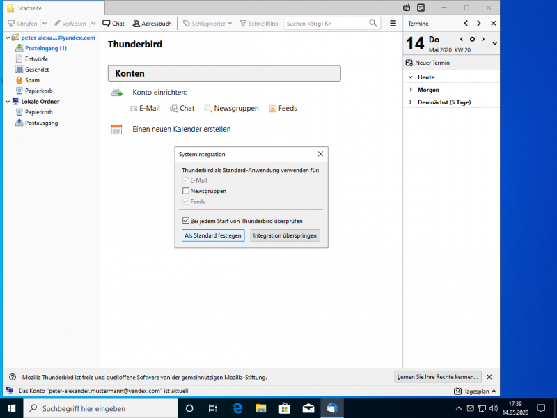 Legen Sie Thunderbird (falls gewünscht) als Standard-Anwendung fest